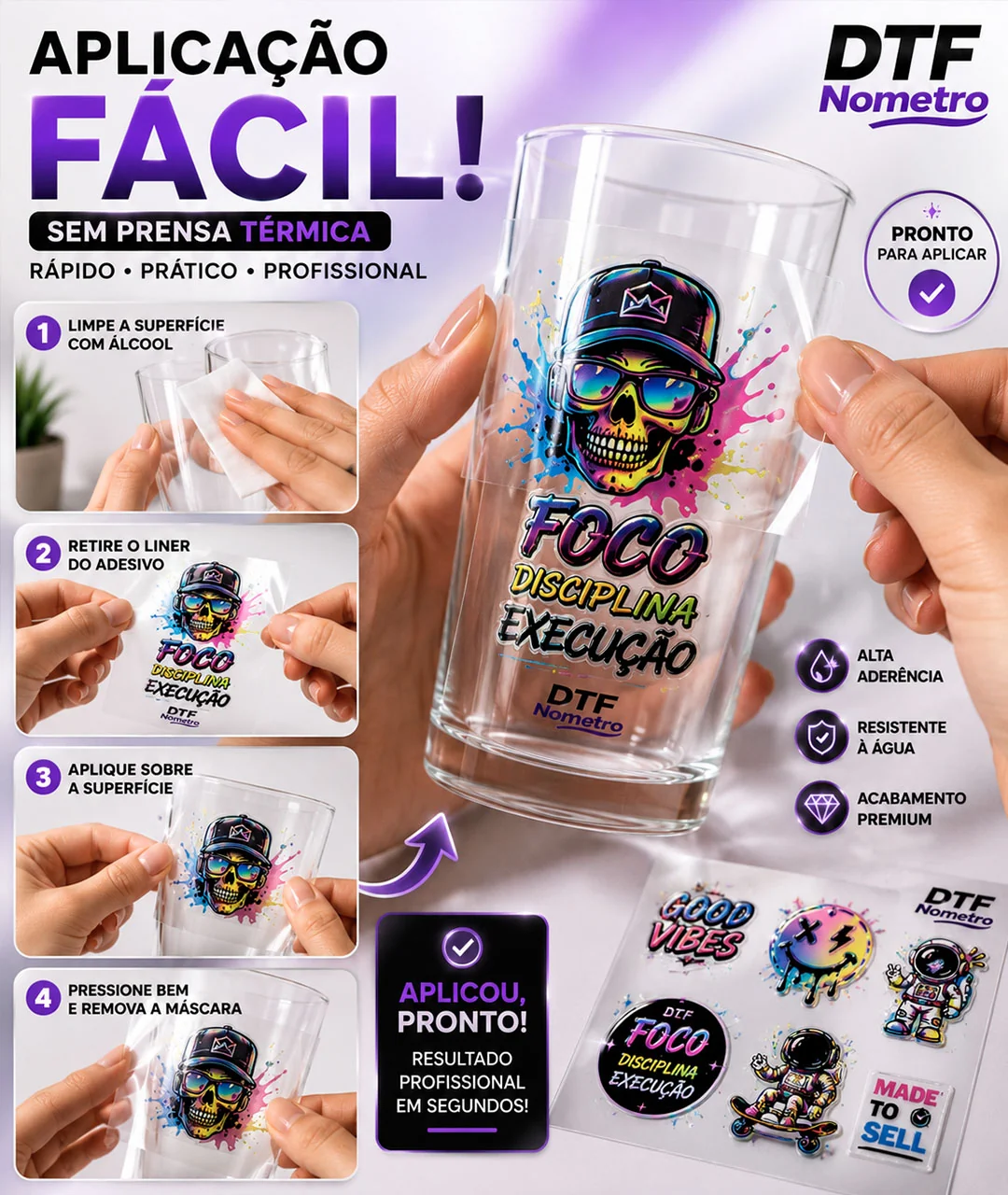 Guia visual com quatro etapas para aplicar DTF UV em copo de vidro